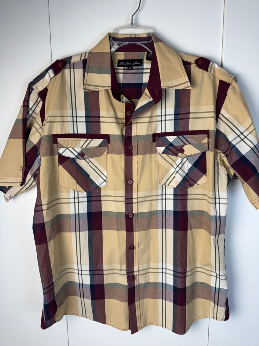 Men's Short-Sleeve rockabilly Plaid Button-Up Shirt - Beige & Burgundy size XL